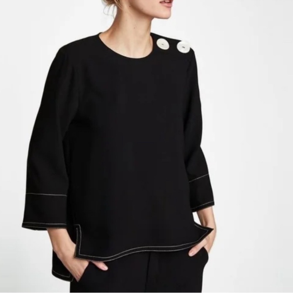 Zara Black Top with White Button and Stitching Accents - EUC